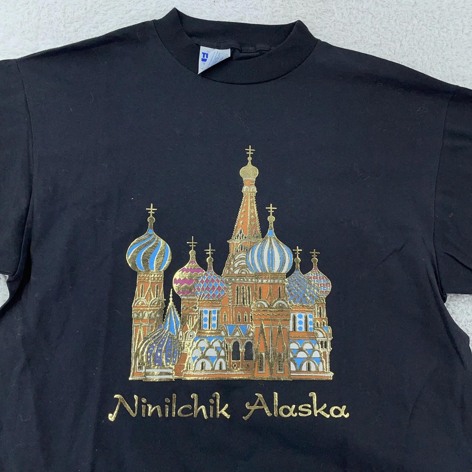 

Vintage Ninilchik Alaska Shirt Mens Large Black Russian Cathedral Gold Foil L