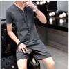 Linen Cotton T-shirt Men's Set Chinese Style Short Sleeve Sportswear +trousers 2 Piece Sets Summer Men Tracksuit Solid Suit