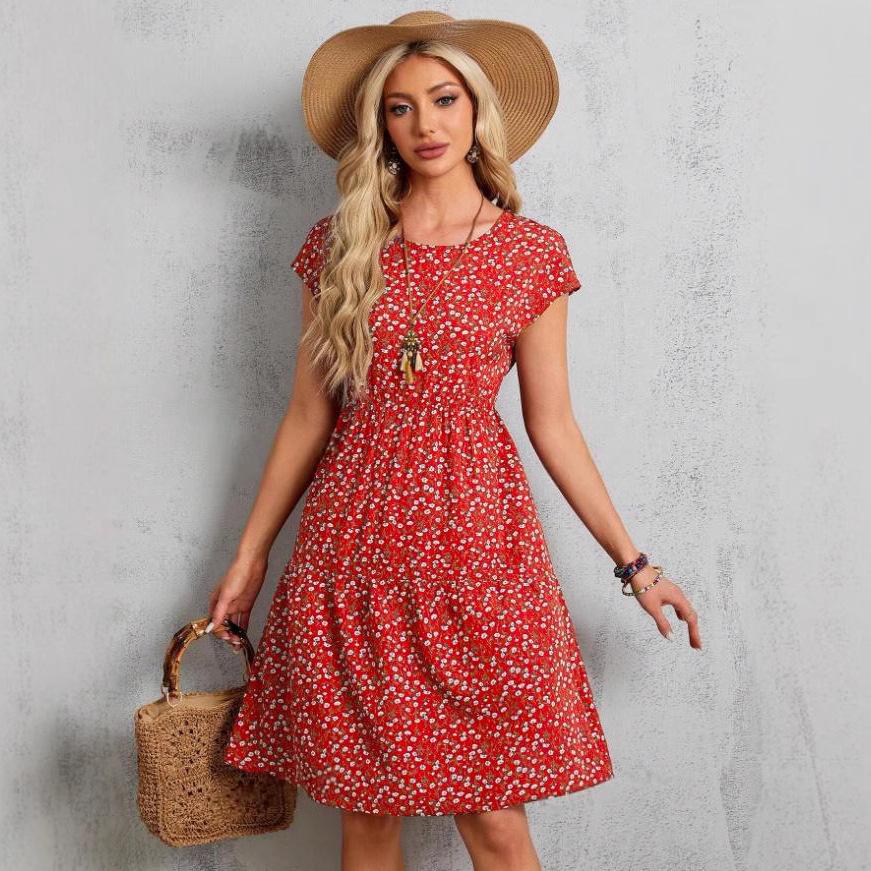 

Women Summer Short Sleeve Round Collar Floral Printed One Piece Dress XXL