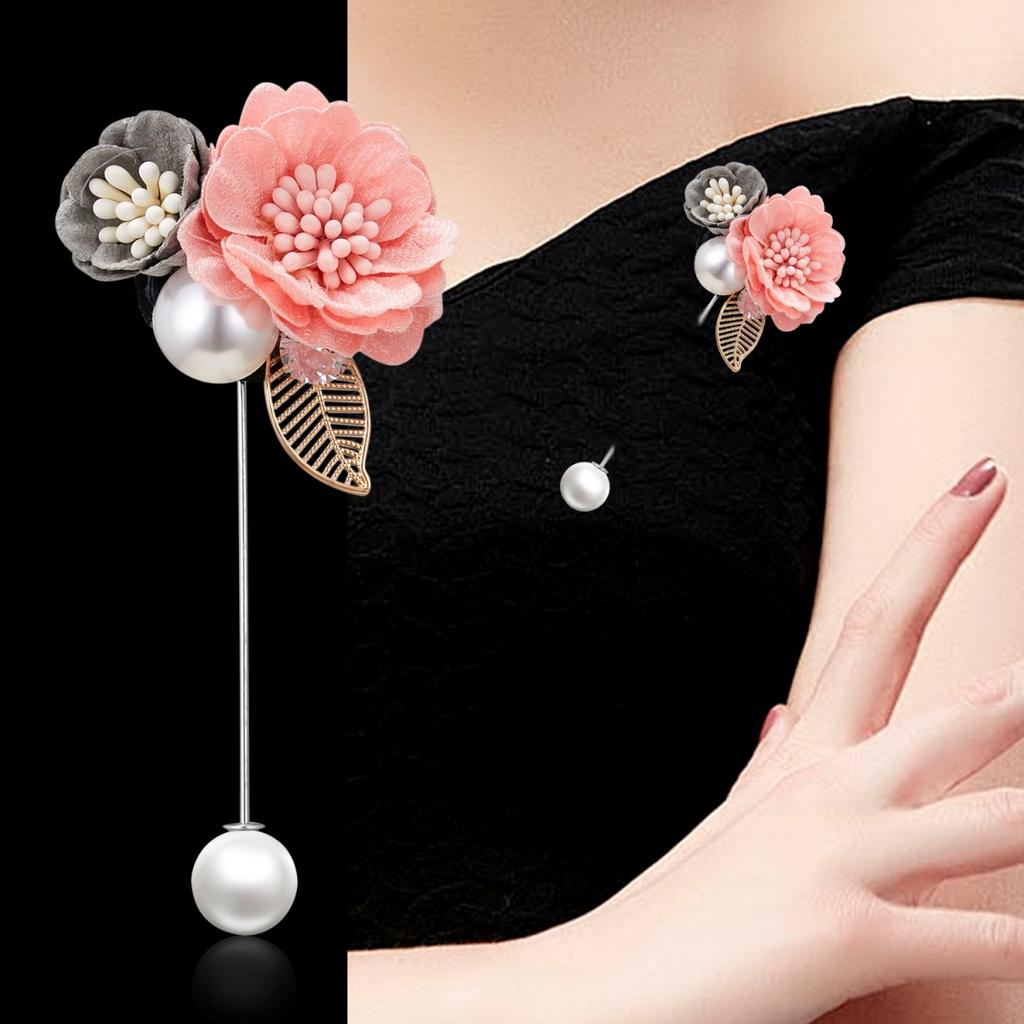 Cloth Art Fabric Double Blooming Flower Brooch For Women Men Dainty Imitation Pearl Leaf Floral Long Needle Pins Wedding Jewelry