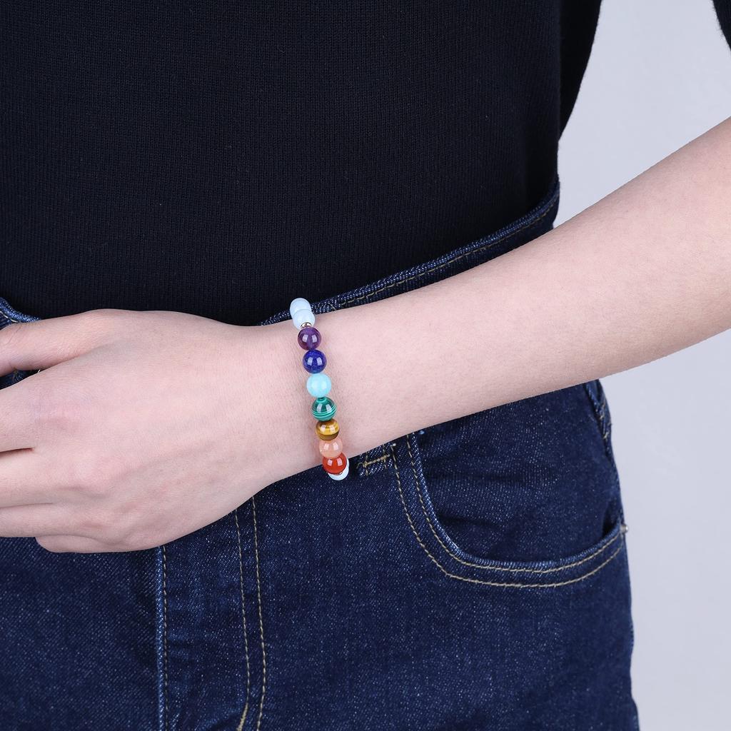 8mm March Chakra Good Luck Amulet Power Stone Bracelet for Men and Women [Koai] Aquamarine, Birthstone, Seven-Color Purification, Protection,