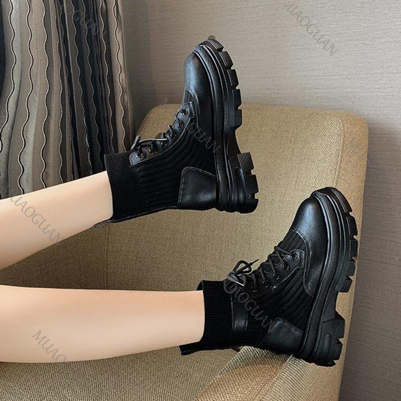 Fashion Spring Autumn Knitted Sock Boots for Women Round Head Lace-up High-heeled Comfortable Versatile Short Boots Fashion Women's Shoe