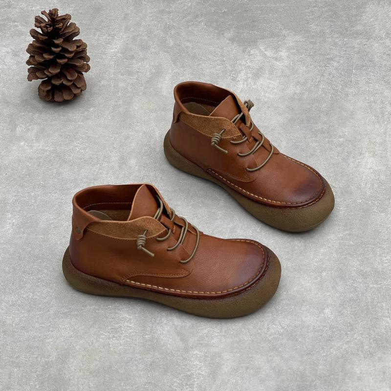 

Johnature Handmade Genuine Leather Women s Shoes Versatile British Style Round Toe Cowhide Ankle Boots 40 кофейный