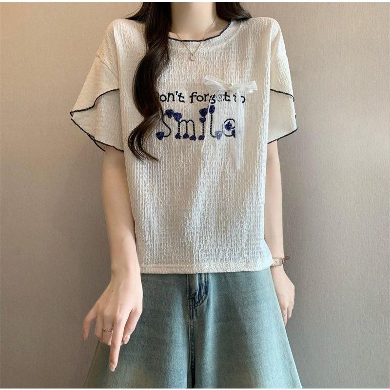 Women's Embroidered T-shirt Ladies Short Sleeved T-shirts with Letter Bow Design Korean Style Loose New Trendy Famale Crew Neck Top