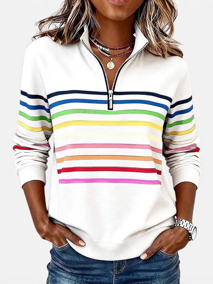 3D-Druck gestreifter Reißverschluss Pullover Hoodie für Damen