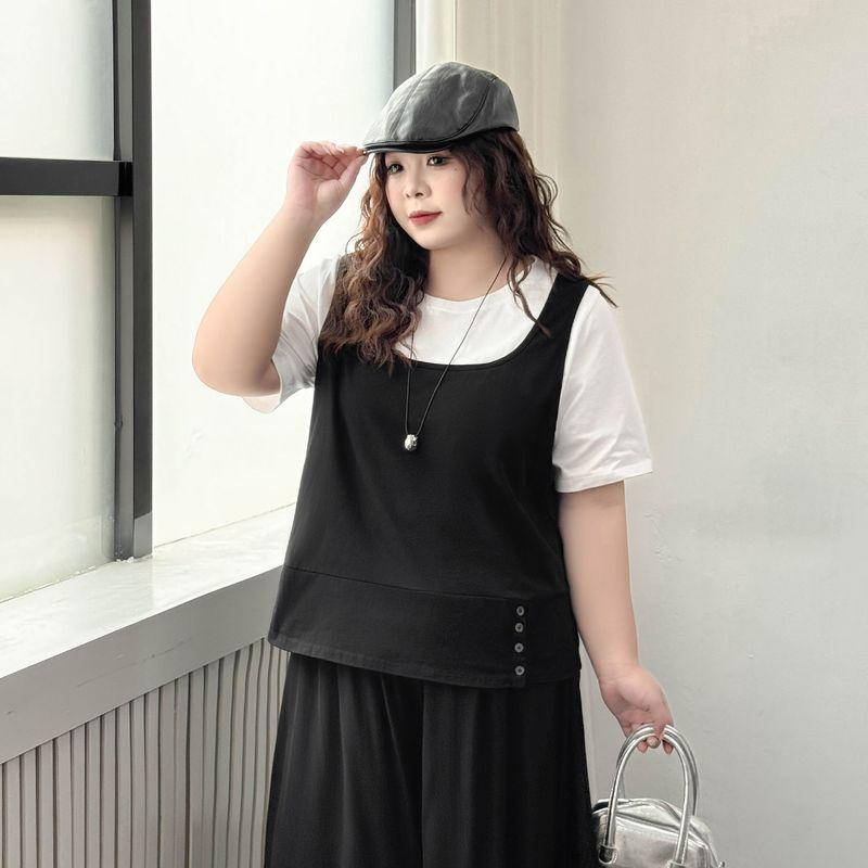 

Plus size women clothing [Street Layered t-shirt] Summer Chubby Girl Patchwork 100.00kg Slimming Belly Covering Short sleeve Top Classic black and white 8xl