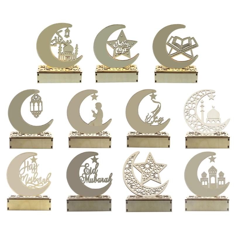 EID Mubaraks Wood Ornament Moon LED Light Ramadans Decoration for Home Islamic Muslims Party Decoration Kareem Eid Gift