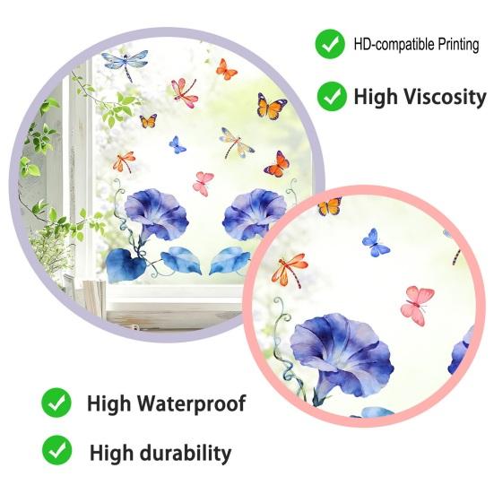 Spring Floral Window Clings Morning Glory Butterfly Dragonfly Static Glass Decals Reusable Sticker for Home Office Glass Doors Windows