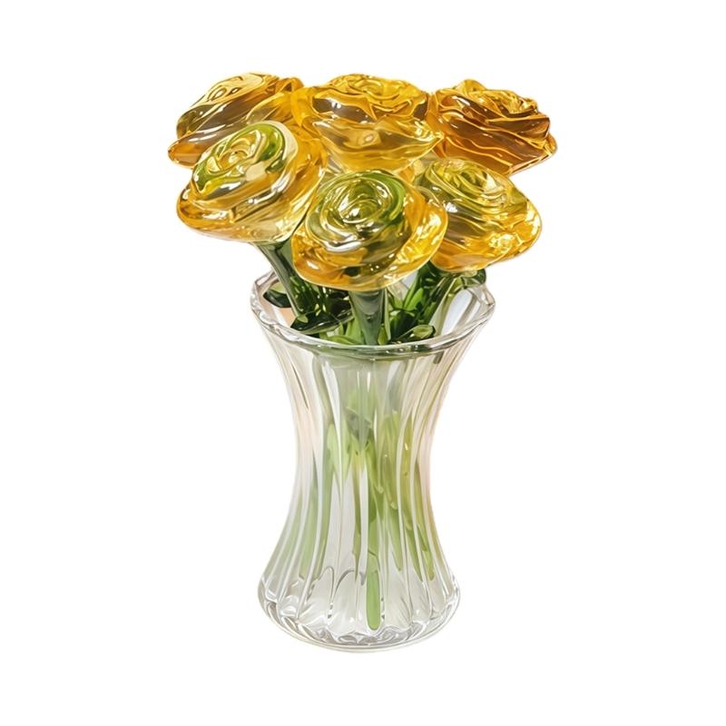Miniature Crystal Rose Flower Figurine with Crystal Vase Handmade Rose Bouquet Gift for Mom Women Collectible Ornaments