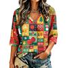 Women's Casual Christmas Print V-Neck Three-Quarter Sleeve Blouse for Holiday Party