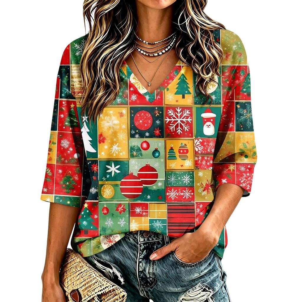 Women's Casual Christmas Print V-Neck Three-Quarter Sleeve Blouse for Holiday Party