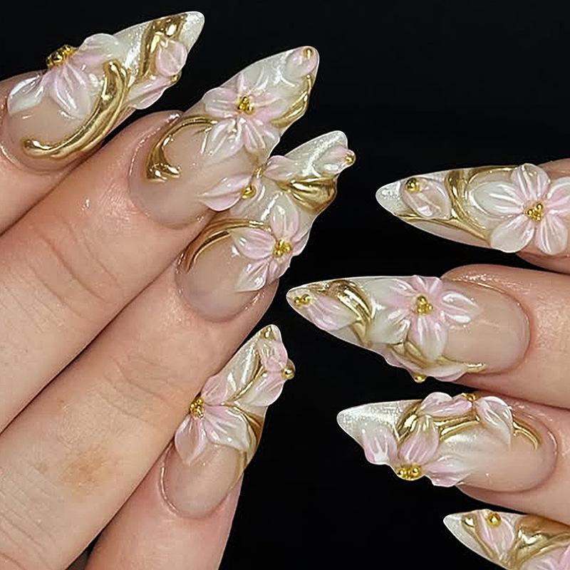 24PCS Simple White Cat Eye 3D Flowers Almond Press on Nails Golden Patterns French with Pearl Decor Fake Nails High-quality Nail