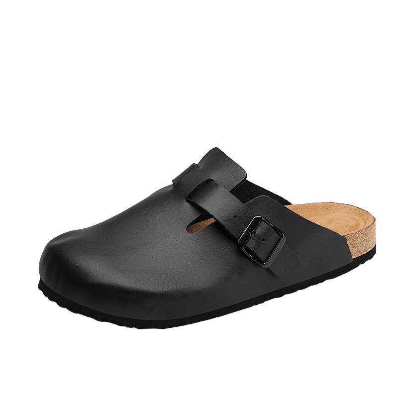 Clogs Hausschuhe Schwarze Leder Pantoletten Herren Verstellbare Slipper mit Dicker Korksohle Lässige Hausschuhe für Sommer Kartoffelgewölbe