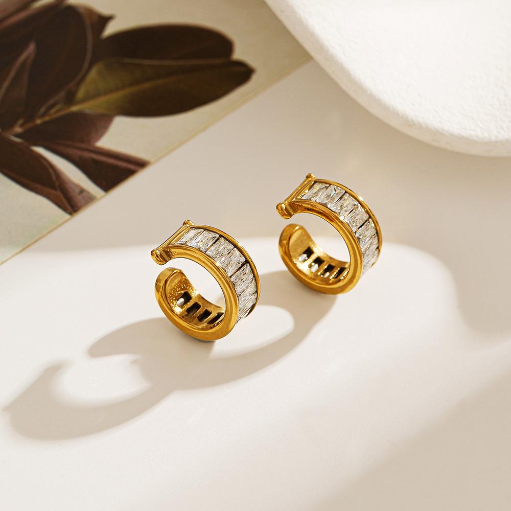 18K Gold Waterproof Titanium & Stainless Steel Zirconia C-shaped Earrings - Women's European/American Style Ear Cuff Jewelry