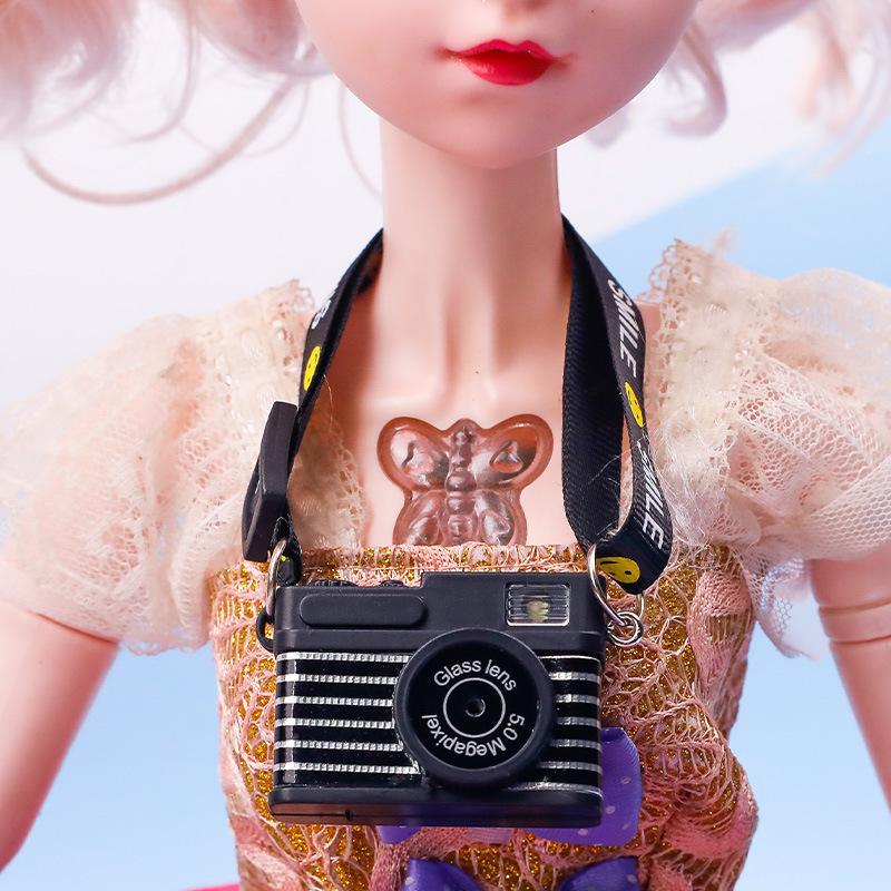 Smiling Plush Toy Dog with Webbing Strap and Sounding Cartoon Camera Pendant Necklace