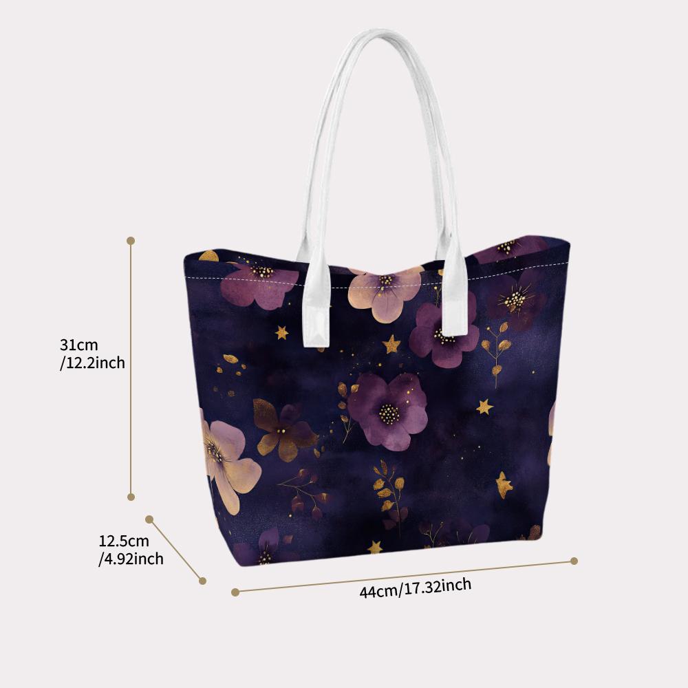 Purple Floral Print Women Tote Bag Casual Daily Shoulder Handbag