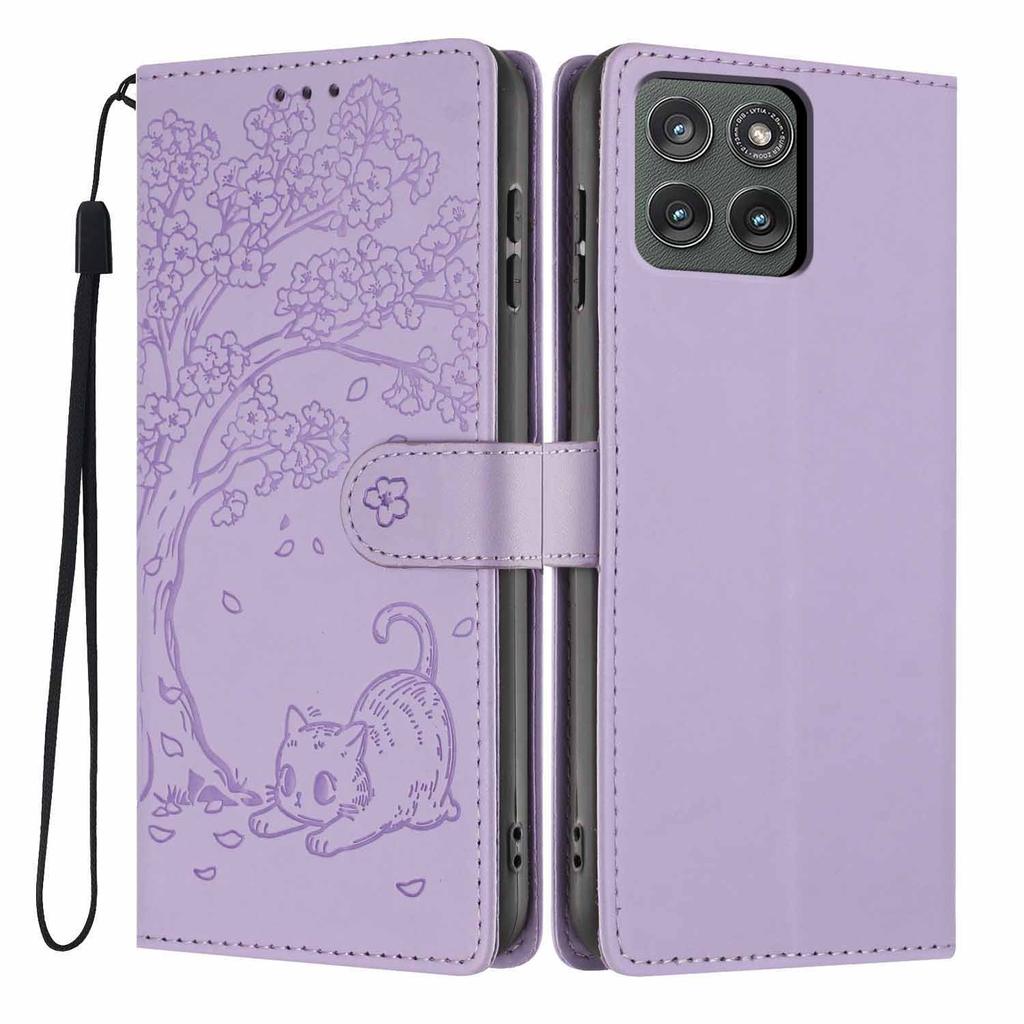 For Motorola Edge (2025) 5G Stand Case Tree-and-Cat Pattern PU Leather Wallet Protective Phone Cover with Wrist Strap