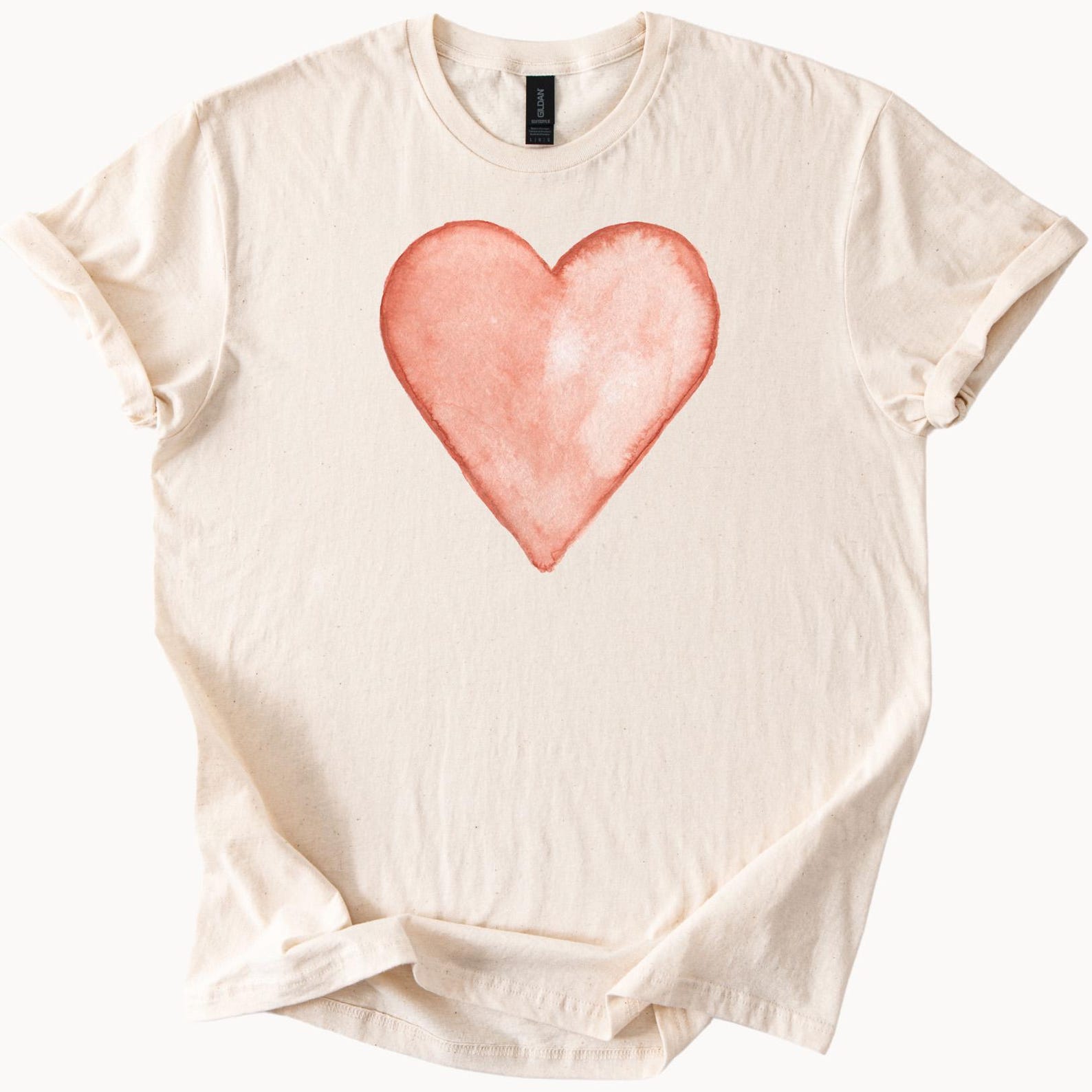 Watercolor Heart Shirt Tee Coral Pink Graphic T Shirt  Short Sleeve Top Beige Color 100