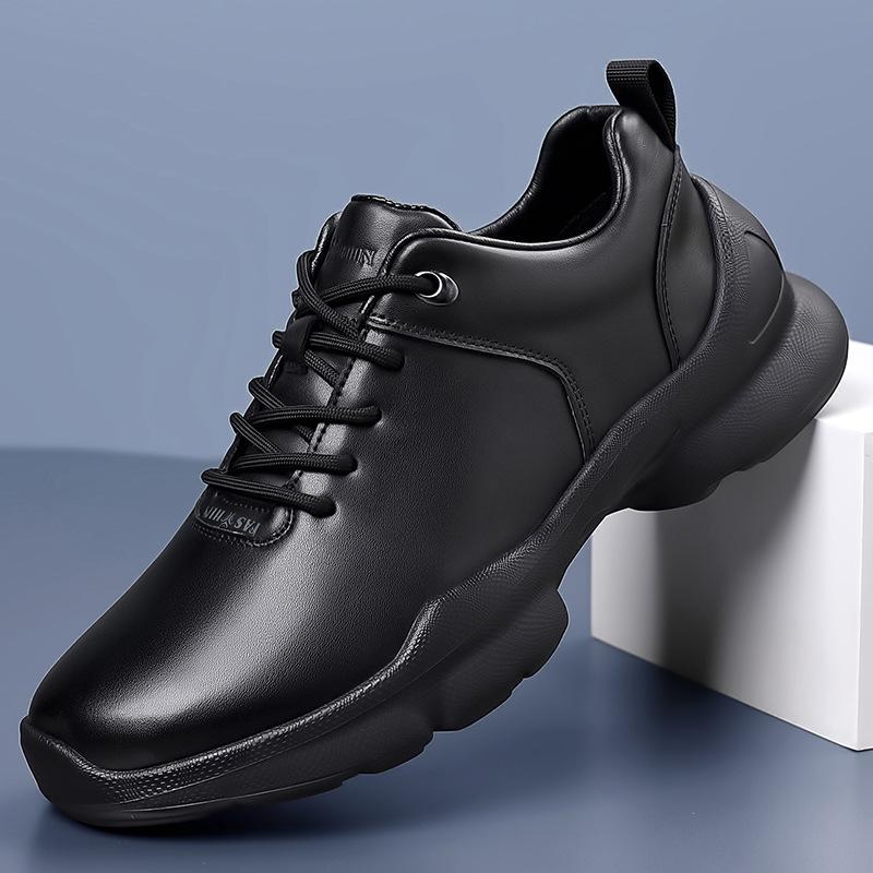 New winter leather sneakers business casual leather shoes all black official shoes light commute
