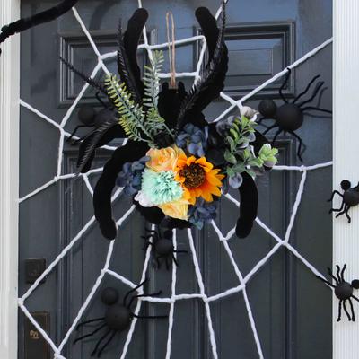 Halloween Spider Wreath for Front Door Wooden Black Spider Shaped Door Sign with Artificial Flowers for Indoor Outdoor Wall Decor