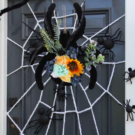 Halloween Spider Wreath for Front Door Wooden Black Spider Shaped Door Sign with Artificial Flowers for Indoor Outdoor Wall Decor