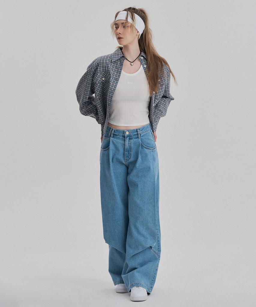 Jenyujeu Z Crop Check Shirt - Blue