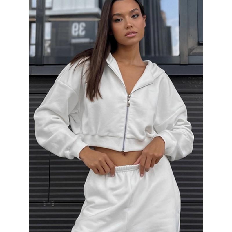 Womens Casual 2-Piece Set: Long Sleeve Hooded Zip-Up Sweatshirt Shorts Cotton Blend Street Style