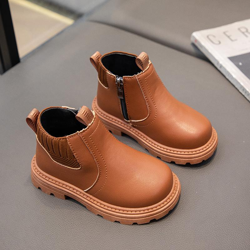 Kids Brown Side Zipper Chelsea Boots Thick Sole Non Slip Casual Leather Ankle Boots 21 коричневый