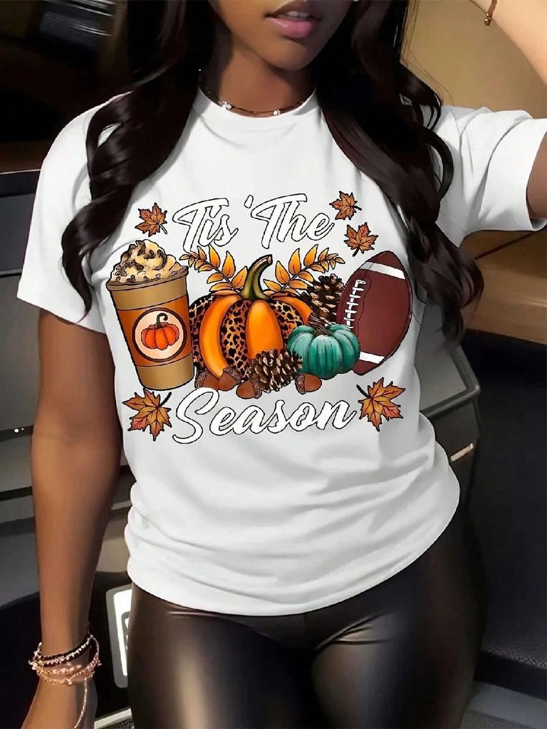 1pc Plus Size Women's Casual Crew Neck T-Shirt - Tis The Season Fall Graphic With Pumpkins, Apples & Football, Pure Cotton Fabric, Seasonal Fashion,Th