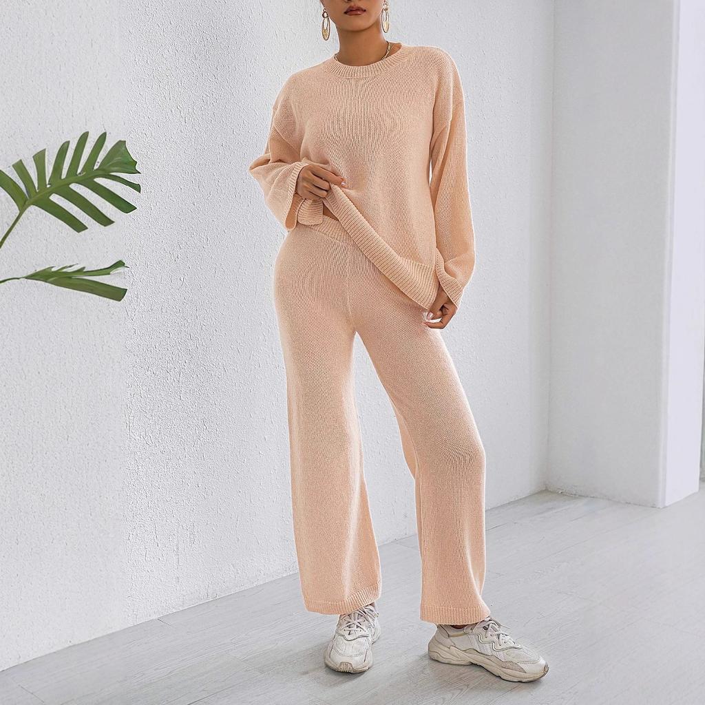 Home Set: Loose, Comfortable, Casual Solid-color Long-sleeved Top, Pullover Sweater, Women's Straight-leg Wide-leg Trousers, Two-piece Set