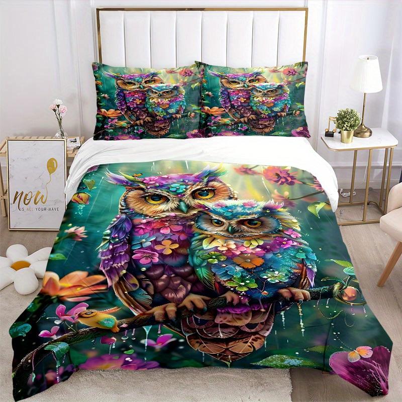 3pcs Animal-themed Floral Owls Soft and Comfortable Breathability, Bedding Set, Machine Washable, Suitable for All Seasons131