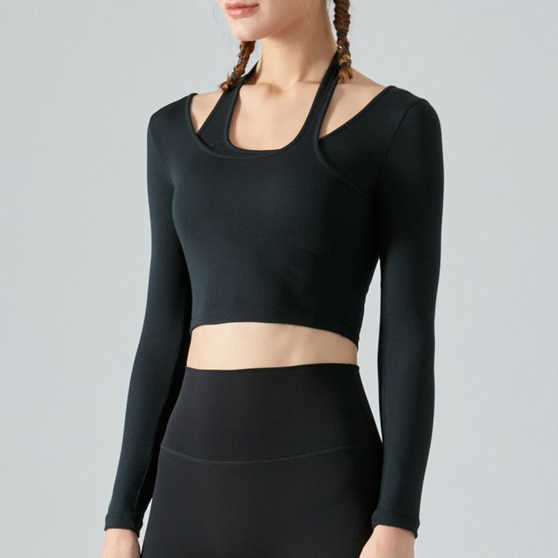 

Hollow off-Shoulder Quick-Dry Fitness Training Long Sleeve Yoga Black(Quality Edition) L