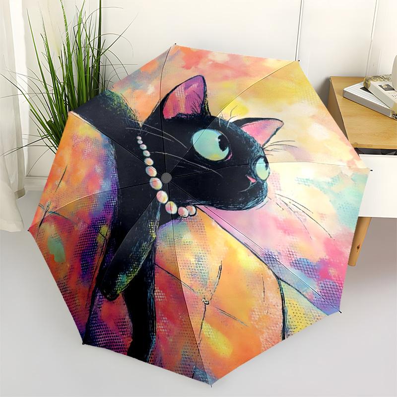 1PC Black Cat Art Automatic Open/Close, 8-Rib Durable Frame Compact Travel Umbrella for Men & Women S1222009