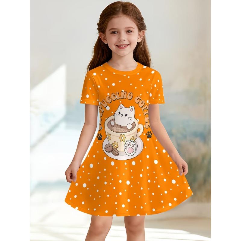 Cute Cat Print Girls  Princess Dress Summer Casual Dress for Girls Cartoon Graphic Outfit O-Neck 110