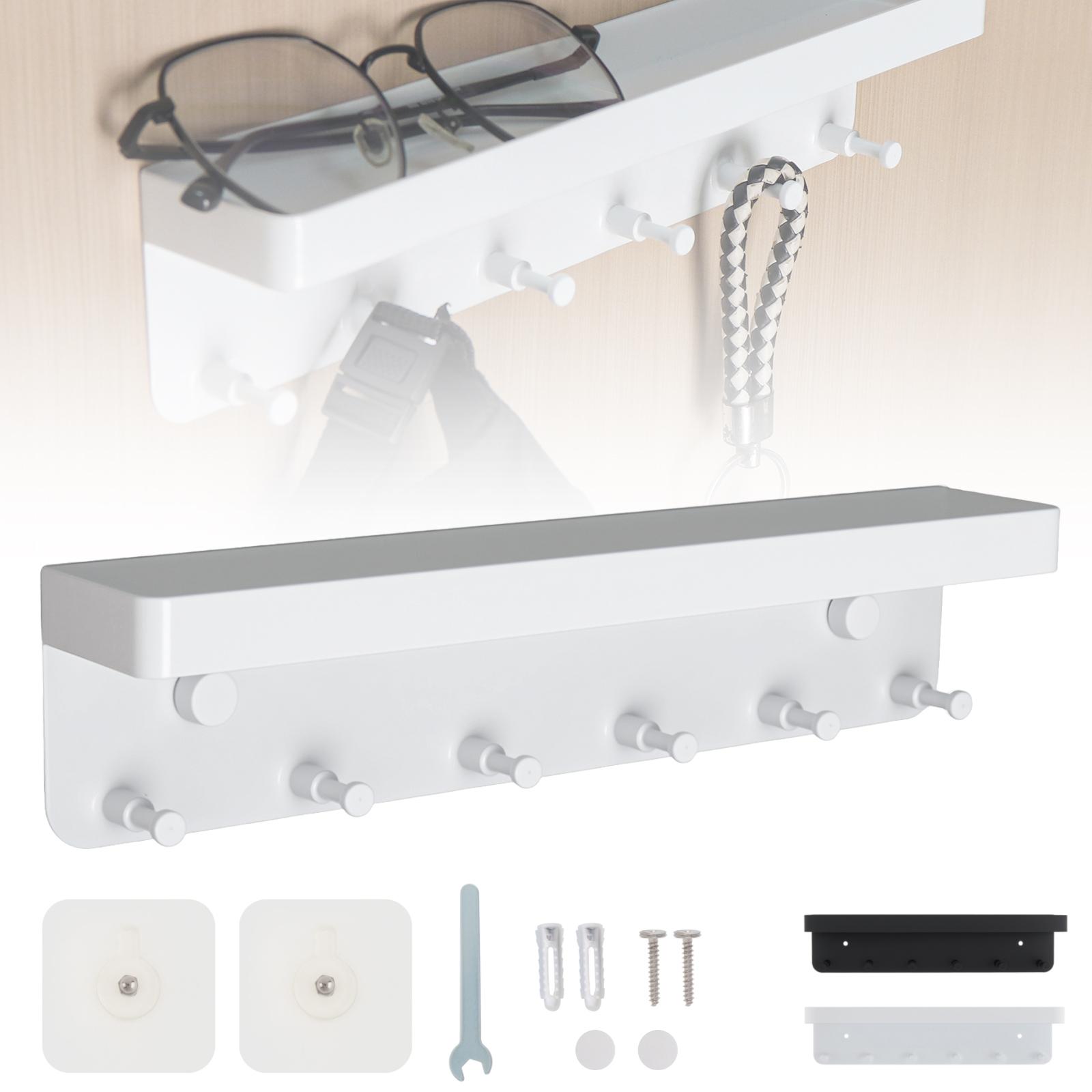 

9.6 Heavy Duty Wall Key Holder: Reinforced Stainless Steel Frame with 6 Anti-Slip Hooks & Mail Tray, Removable Adhesive for Entryway/Office белый