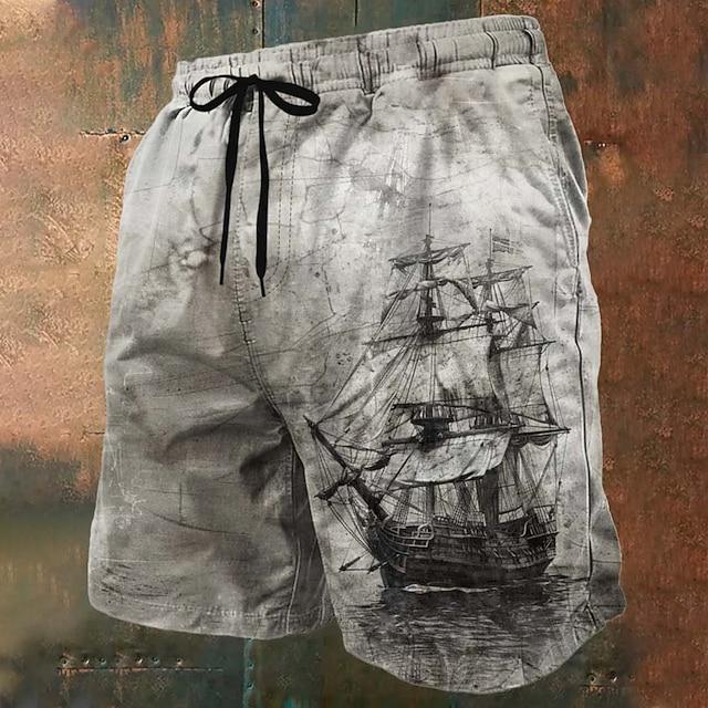 

Vintage Sailboat Pattern 3D Print Men s Beach shorts Quick Dry Casual Drawstring Shorts Nautical Board Shorts Summer Vacation L