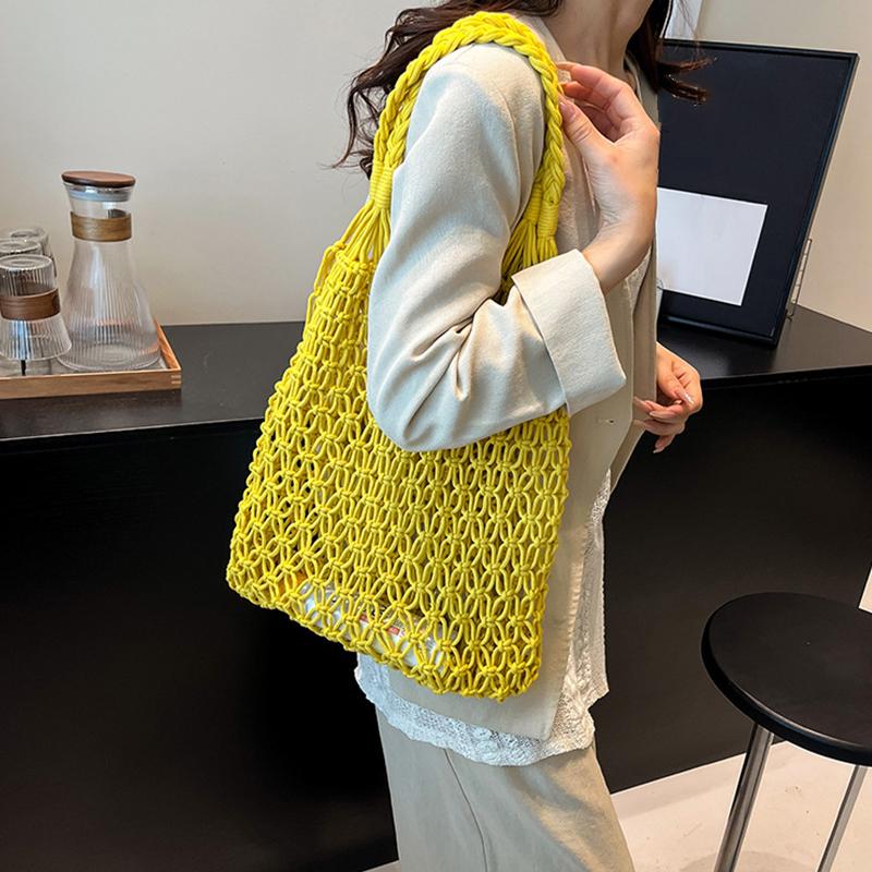 and-Woven Bag Women Handmade Hollow Handbag Female Shoulder Bag Big Capacity Summer Casual Travel Beach Tote Purse