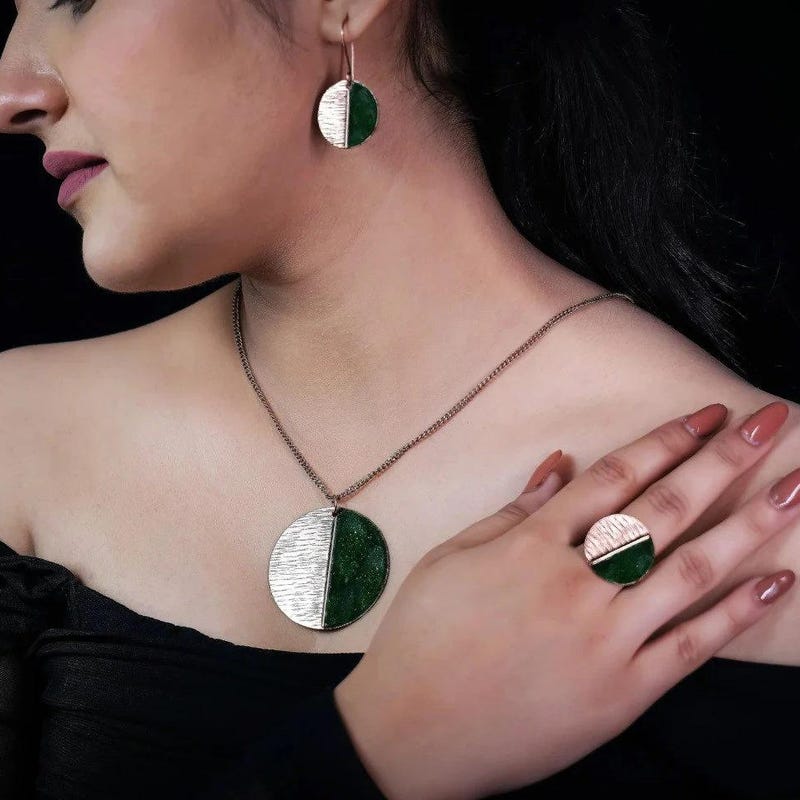 

Green Enamel Copper Jewelry Set: Necklace, Earrings