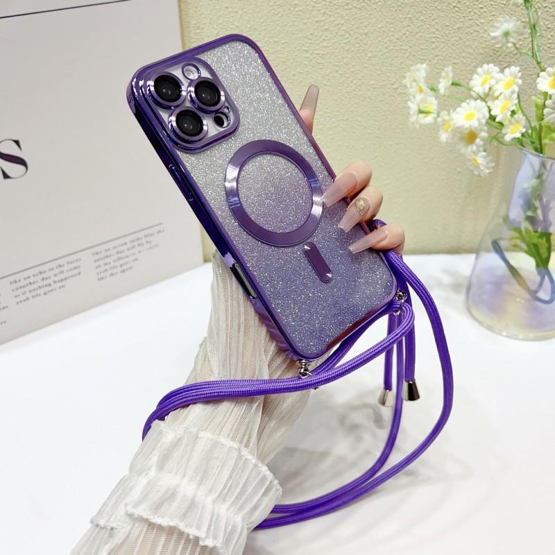 Strap Magnetic Case For Samsung S25 Ultra Galaxy S24 FE S21 S26 S22 S23 Plus A56 WirelessGlitter Plating Crossbody Lanyard Cover
