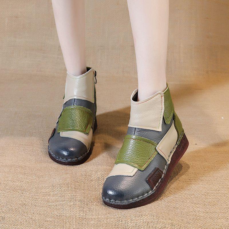 Vintage patches genuine leather ankle boots woman luxury snow shoes waterproof short plush boot women autumn booties lady flats