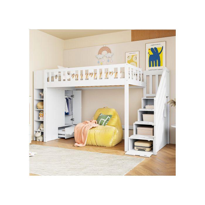 Lit Mezzanine - MUVOE - 90x200 Cm - Blanc - Échelle De Rangement - Armoires Pliables