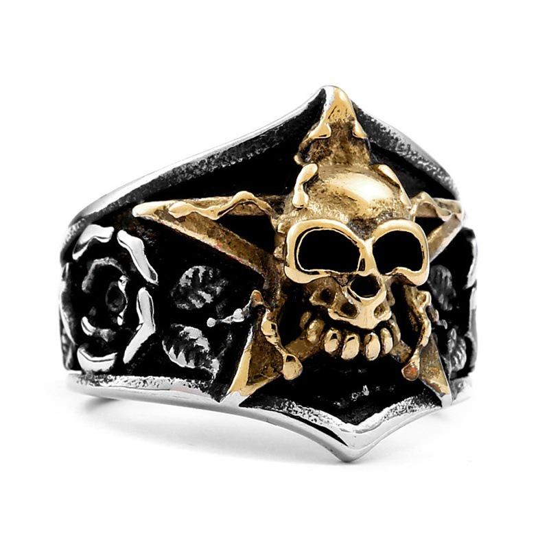 Herren Domineering Rose Pentagramm Totenkopf Ring