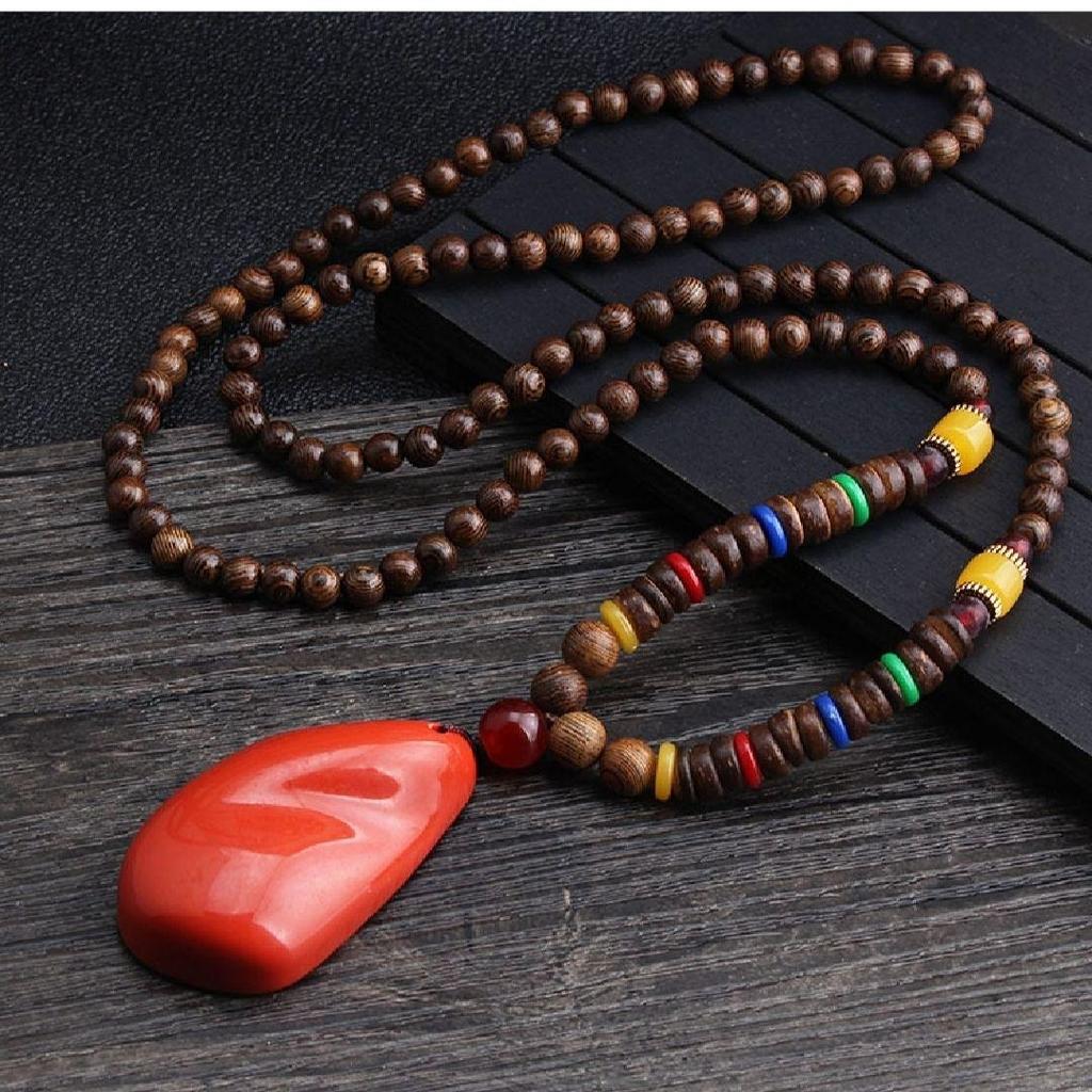 Unisex Retro Ethnic Wooden Necklace Pendant - Versatile Long Sweater Chain and Clothing Accessory