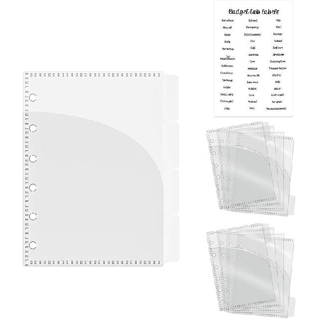 NatSumeBasics 12 A5 Binder Pocket Dividers with Tabs Zipless 5" x 8" Clear Cash Stuffing Envelopes Planner erts for 6 Ring Budgeting Accessories (12