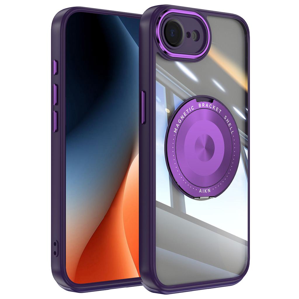 For iPhone 16e Magnetic Case PC+TPU Phone Cover with Rotating Metal Kickstand,Lens Protector