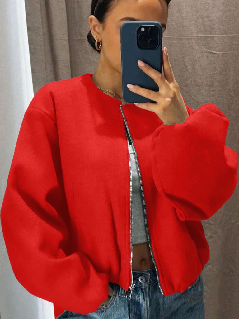 Women's Autumn/Winter Bomber Jacket - Round Neck, Drop Shoulder, Lantern Sleeve, Street Style Zip Cardigan