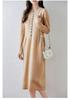 Women's Long Loose Pure Wool Knit Dress - Single-Breasted Round Neck for Autumn and Winter.