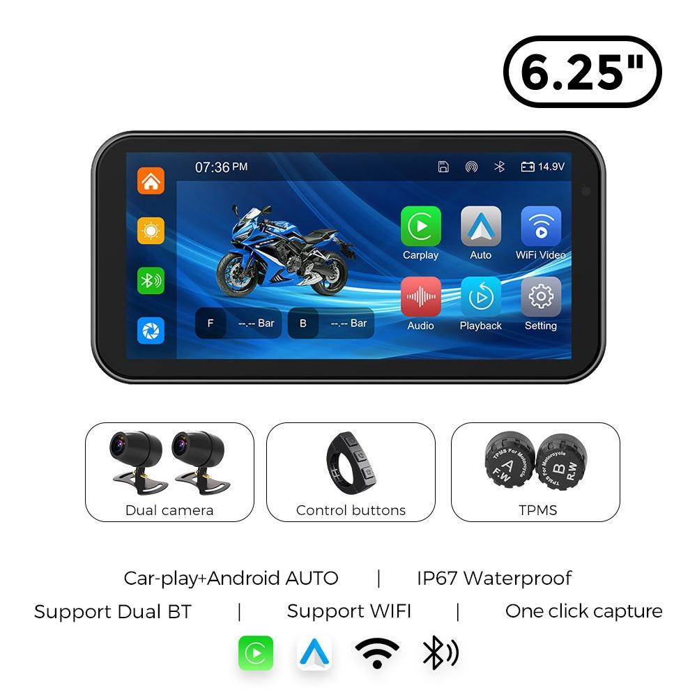 Wireless CarPlay Moto Android Auto  6.25inch Motorcycle GPS Navigation USB IP67 Waterproof Linux System Dual BT Dual CAM Recorde