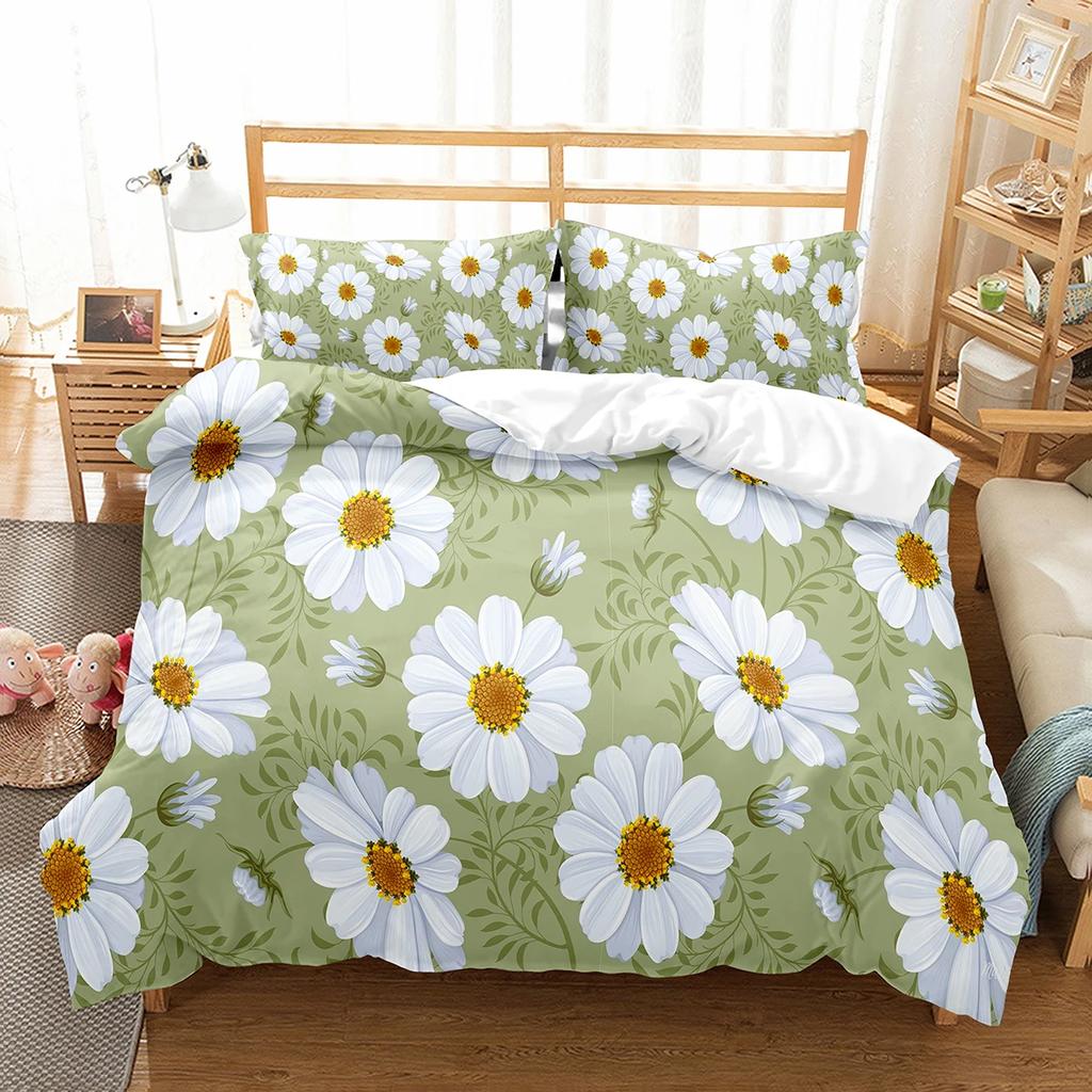 Daisy Duvet Cover Set White Floral Pattern Bedding Set Romantic Leaves And Flower Comforter Cover Full Queen For Girl Women Teen
