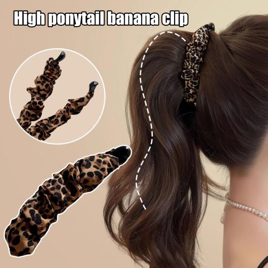 Retro Style Hairpin Stable Non-Slip Banana Clip with Pleated Fabric Wrap Leopard Plaid Dot Design Hair Clip Hair Accessories
